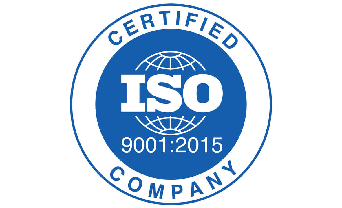 Blue and white circular stamp reading CERTIFIED COMPANY around the edge with ISO 9001:2015 and a globe design in the center.