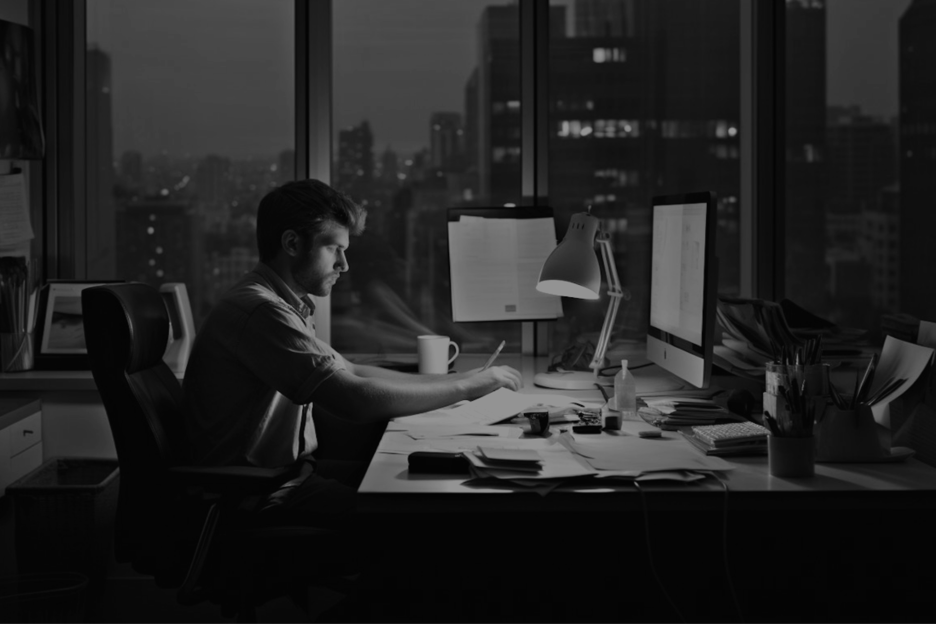 A man, surrounded by windows showing a nighttime cityscape,  is  working at his desk 
