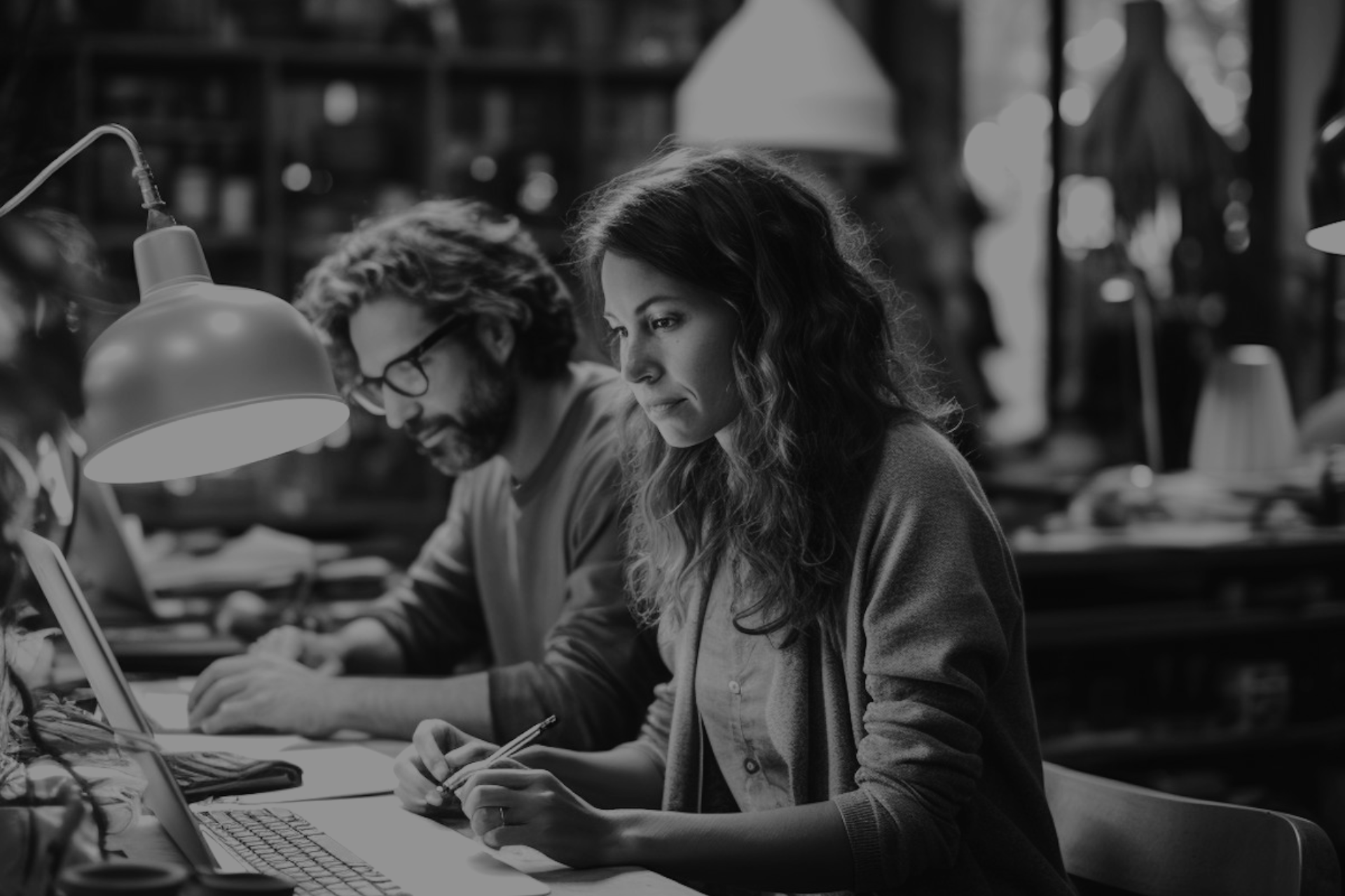 A man and a woman working together at a desk, writing