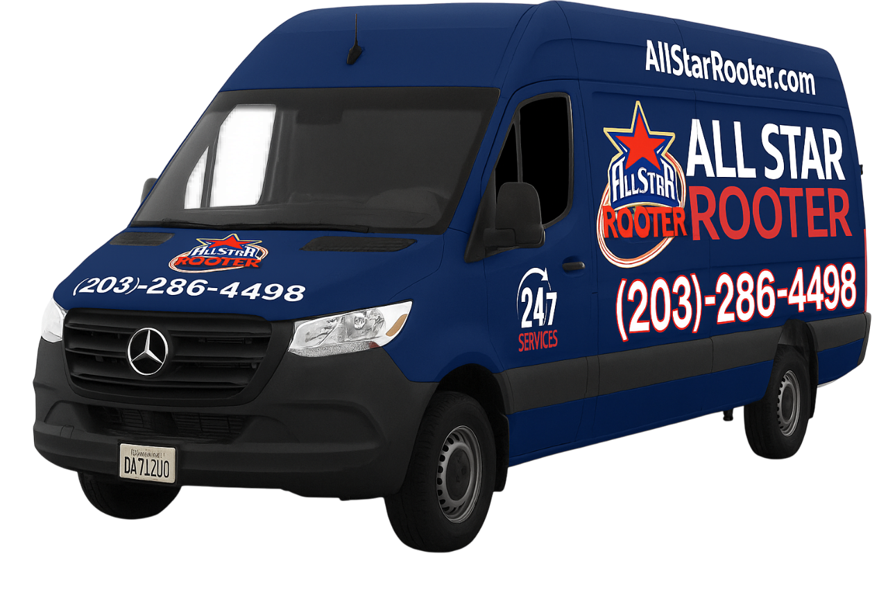 Blue Mercedes service van with All Star Rooter logo, phone number (203)-286-4498, and 24/7 services text.