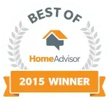 Best of HomeAdvisor 2015 Winner badge with laurel wreath and house icon.