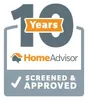 HomeAdvisor screened and approved contractor badge with a 10 years experience banner.