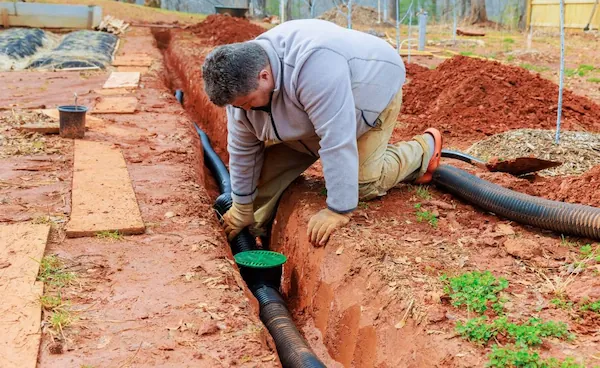 Worker installs a black perforated drainage pipe with a green cover in a dug trench in red soil.