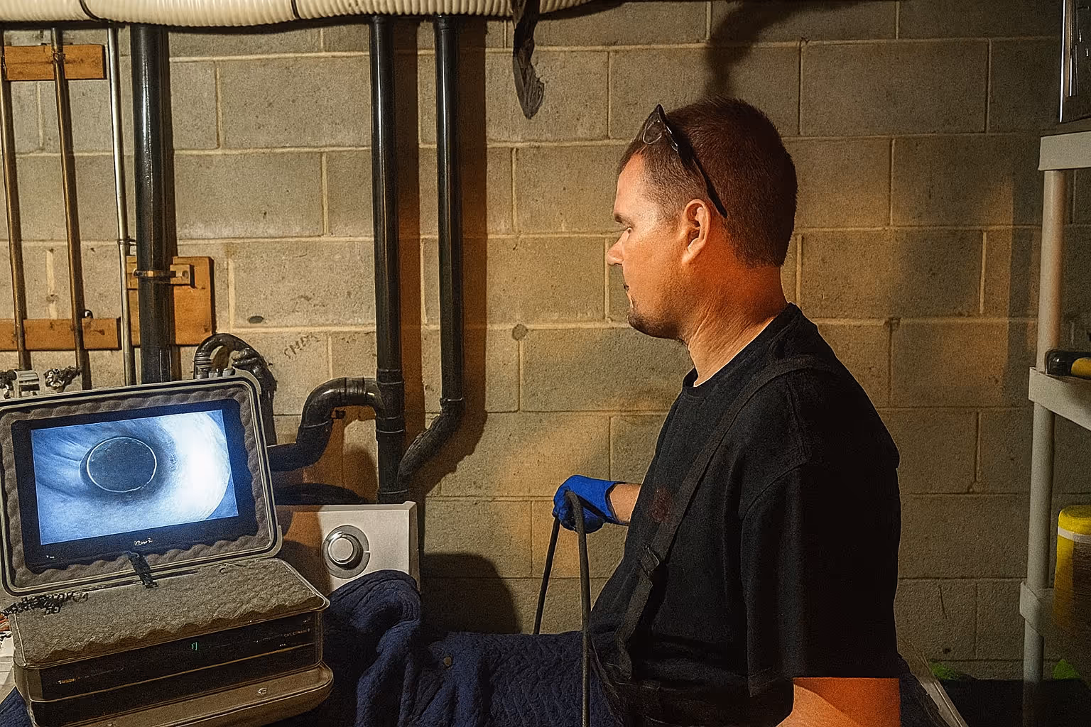 Technician wearing blue gloves operates a video inspection device showing the inside of a pipe on its screen in a basement setting.