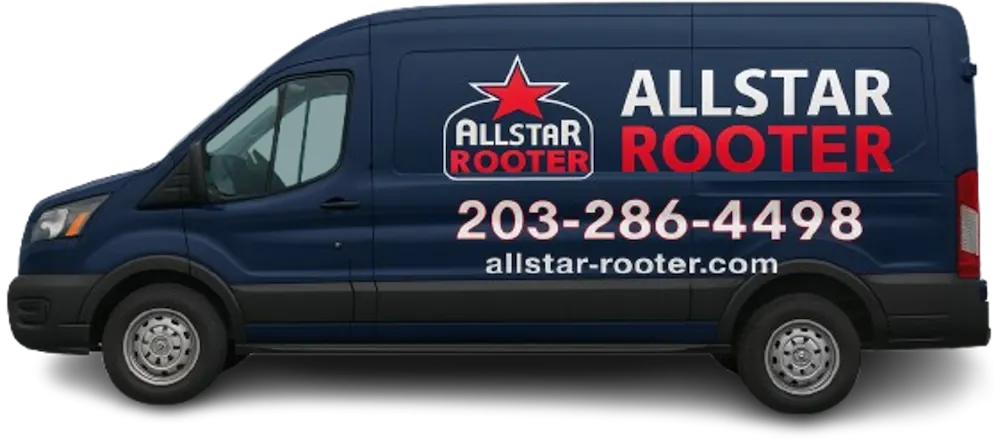 Dark blue Allstar Rooter service van with company logo, phone number 203-286-4498, and website allstar-rooter.com on the side.