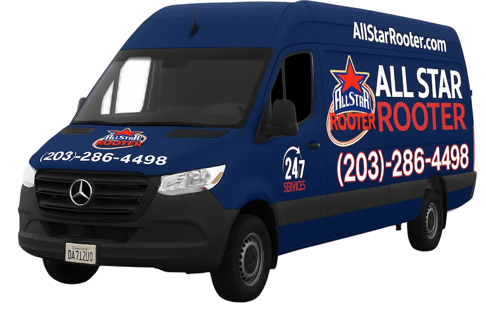 Blue Mercedes van with All Star Rooter logo, phone number (203)-286-4498, and 24/7 services text on the side and hood.