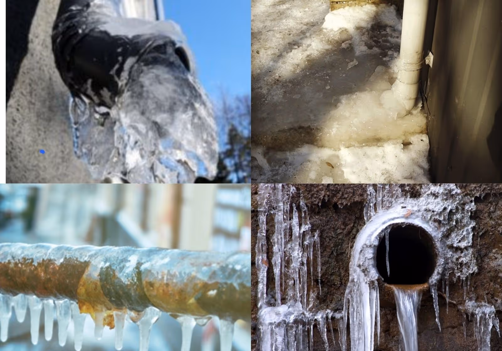 Collage of four photos showing frozen and icy pipes with water or ice formations.