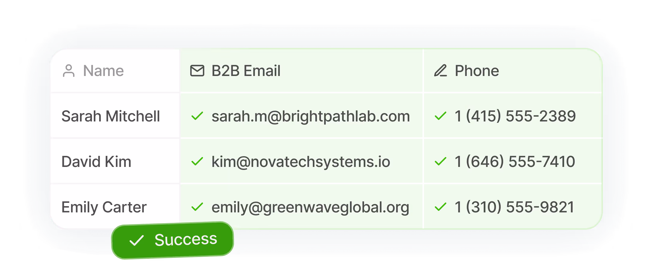 B2B contact list with names, emails, and phone numbers of company employees