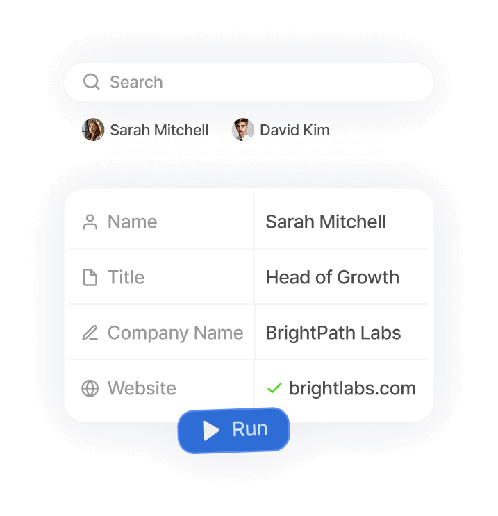 Business profiles of employees with job titles, company names, and verified company websites