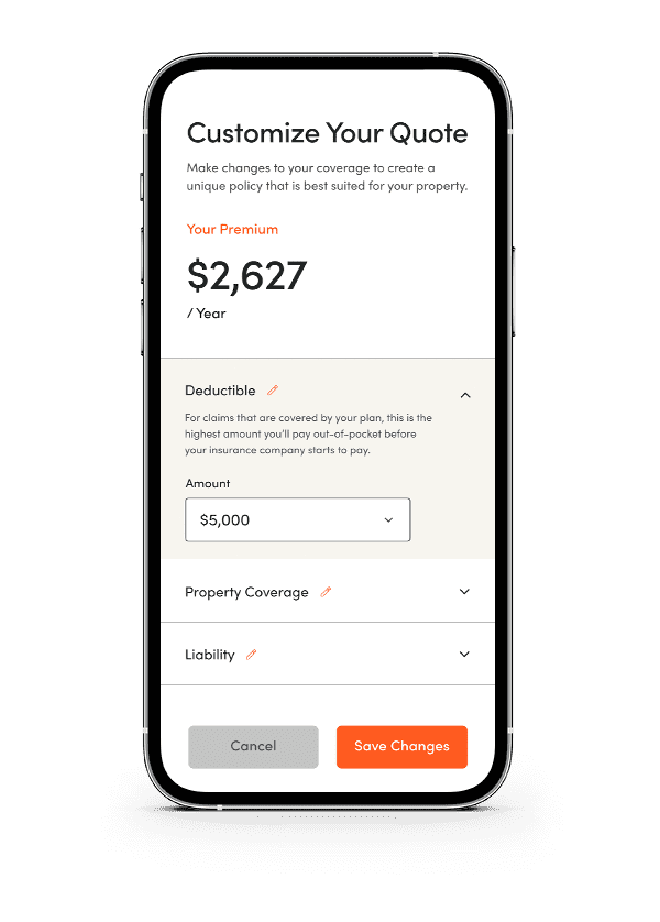 Mobile screen showing an insurance quote customization interface with an annual premium of $2,627, options to adjust deductible amount, property coverage, and liability, and buttons to cancel or save changes.