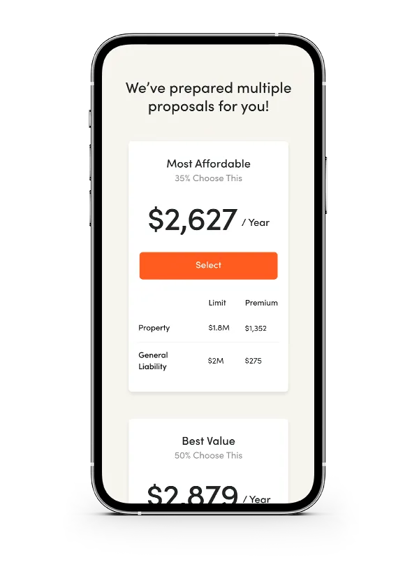 Smartphone screen showing insurance proposals with options labeled Most Affordable at $2,627 per year and Best Value partially visible.
