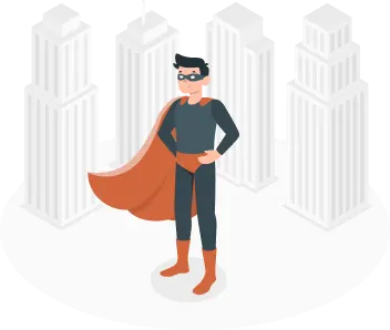 Illustration of a superhero in a black suit with an orange cape and boots standing confidently in front of tall buildings.