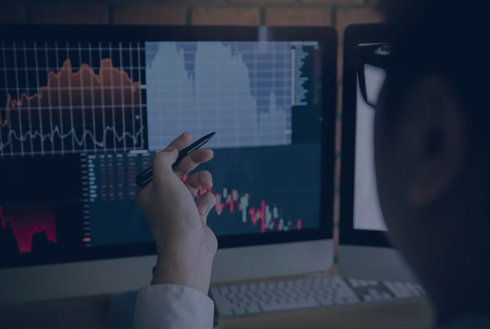 Financial professional analyzing stock charts on computer