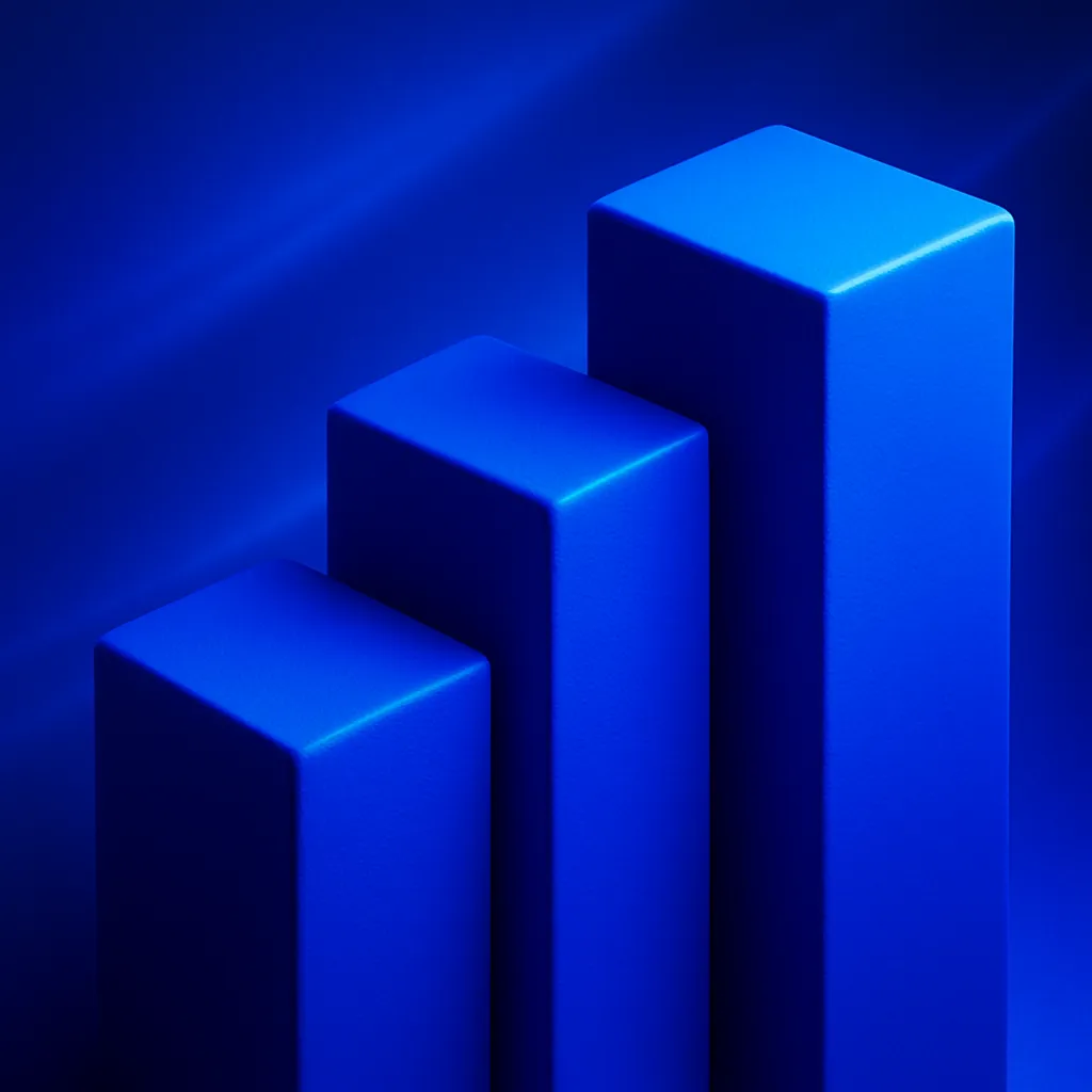 3D blue columns representing market growth and performance metrics