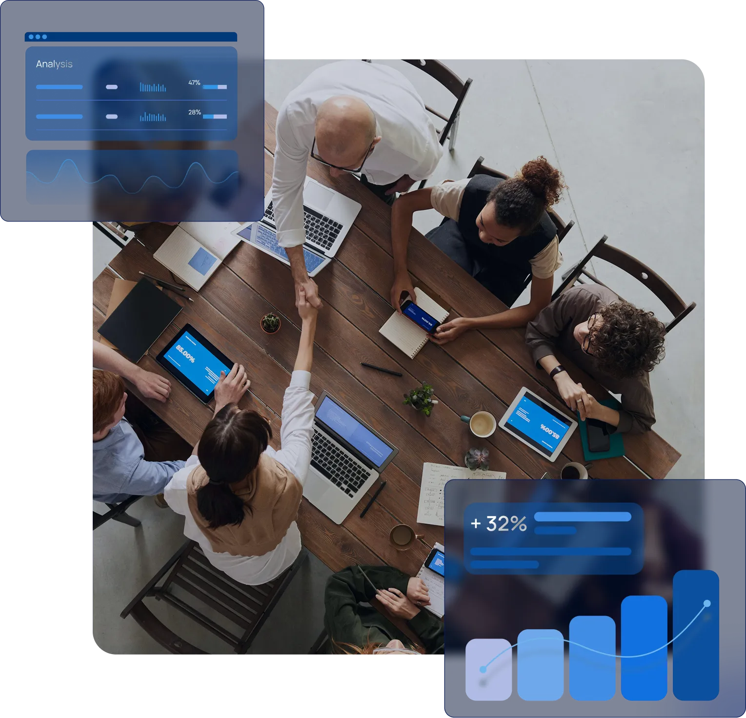 Team collaborating around financial charts in a modern office