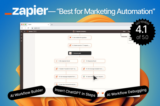 Zapier AI - rated 4.1 out of 5. Best for marketing automation, with features such as AI workflow builder, ChatGPT insertion into steps, and AI workflow debugging