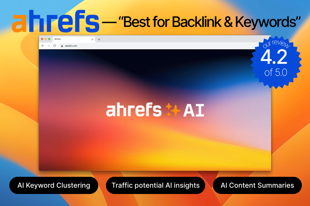 Ahrefs AI – rated 4.2 out of 5. Best for backlinking and keywords, with AI features such as AI keyword clustering, traffic potential AI insights, and AI content summaries.