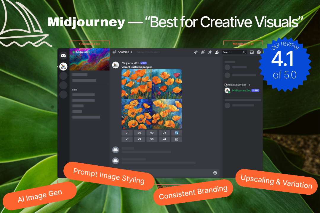 Midjourney AI – rated 4.1 out of 5. Best for creative visuals, with features such as AI image generation, prompt image styling, branding consistency, upscaling and variation.