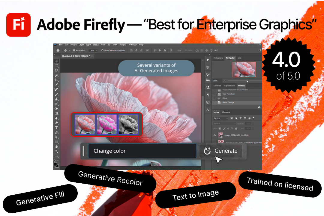 Adobe firefly AI – rated 4 out of 5. Best for enterprise graphics, with features such as generative fill, generative recolor, text to image. It's also trained exclusively on licensed images.