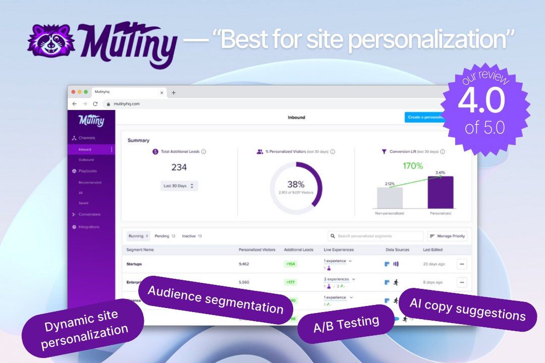 Mutiny AI - rated 4 out of 5. Best for webpage personalization, with features such as dynamic webpage personalization, audience segmentation , A/B testing and AI copy suggestions.