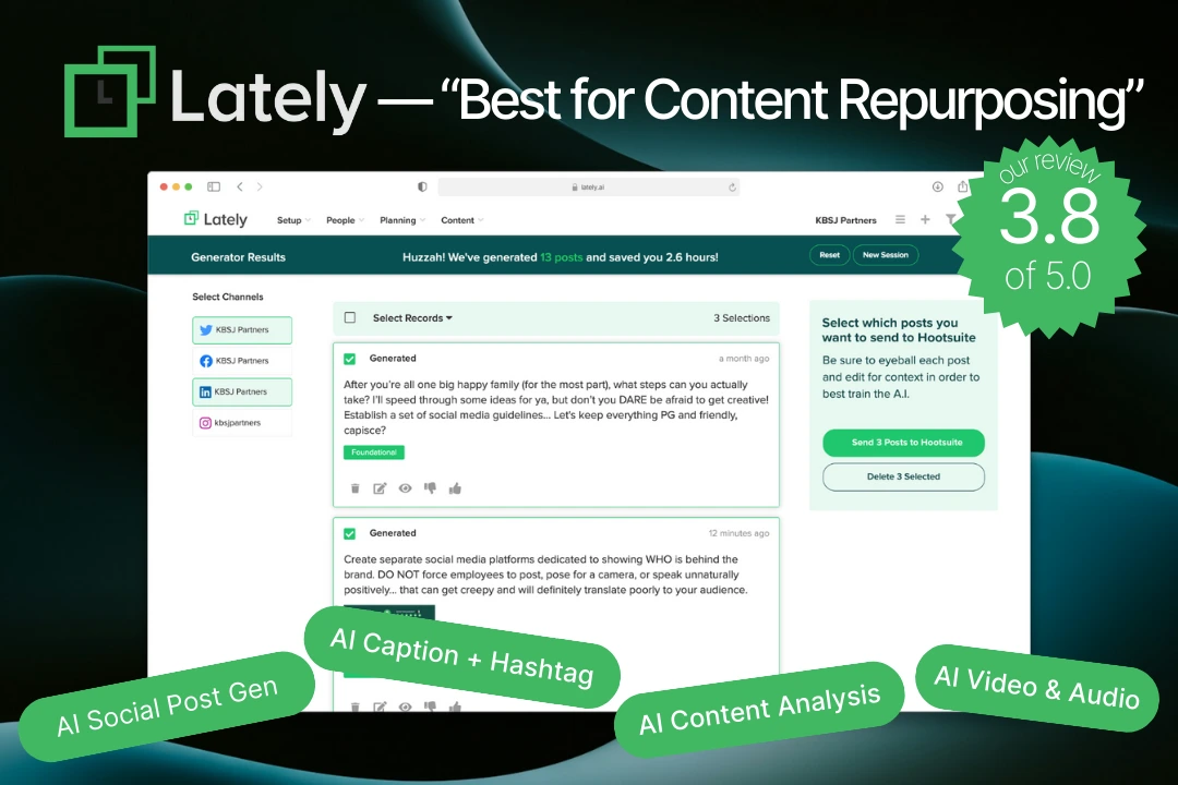Lately AI – rated 3.8 out of 5. Best for content repurposing, and has features such as AI social media post generation, AI caption and hashtag generation, AI content analysis and AI video and audio generation.