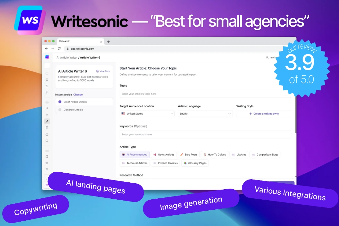 Writesonic AI – rated 3.9 out of 5. Best for small agencies, with features such as AI copywriting, AI landing page generation, AI image generation and various useful integrations.