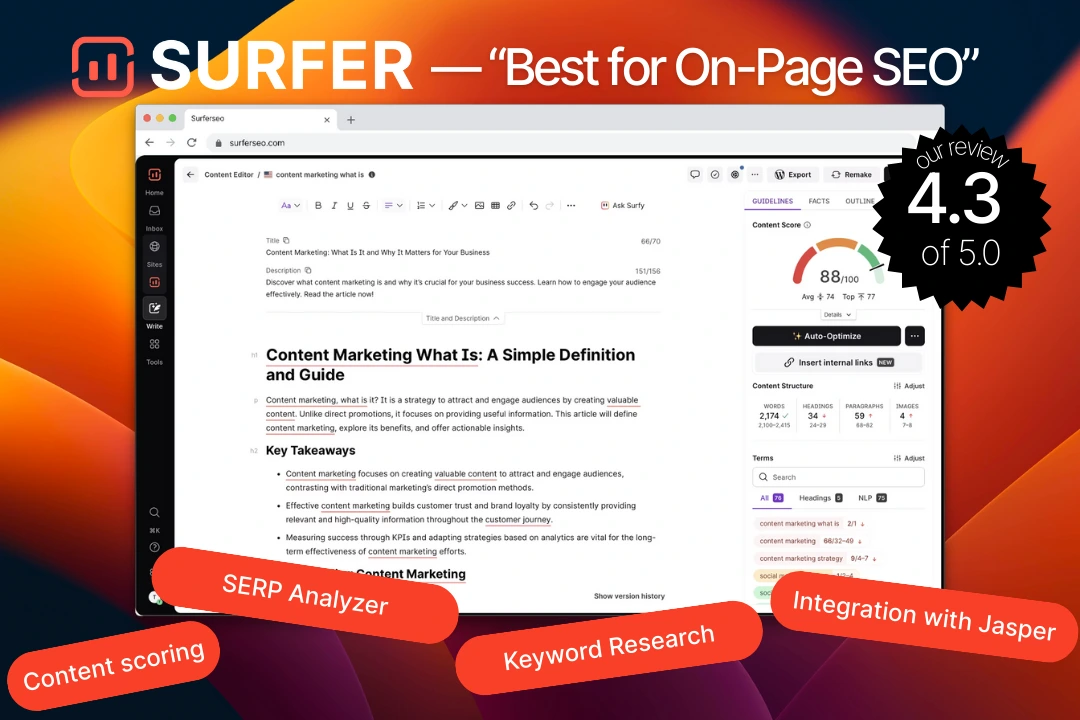 SurferSEO AI – rated 4.3 out of 5. Best for on-page SEO, with features such as content scoring, SERP analyzer, keyword research and Jasper AI integration.