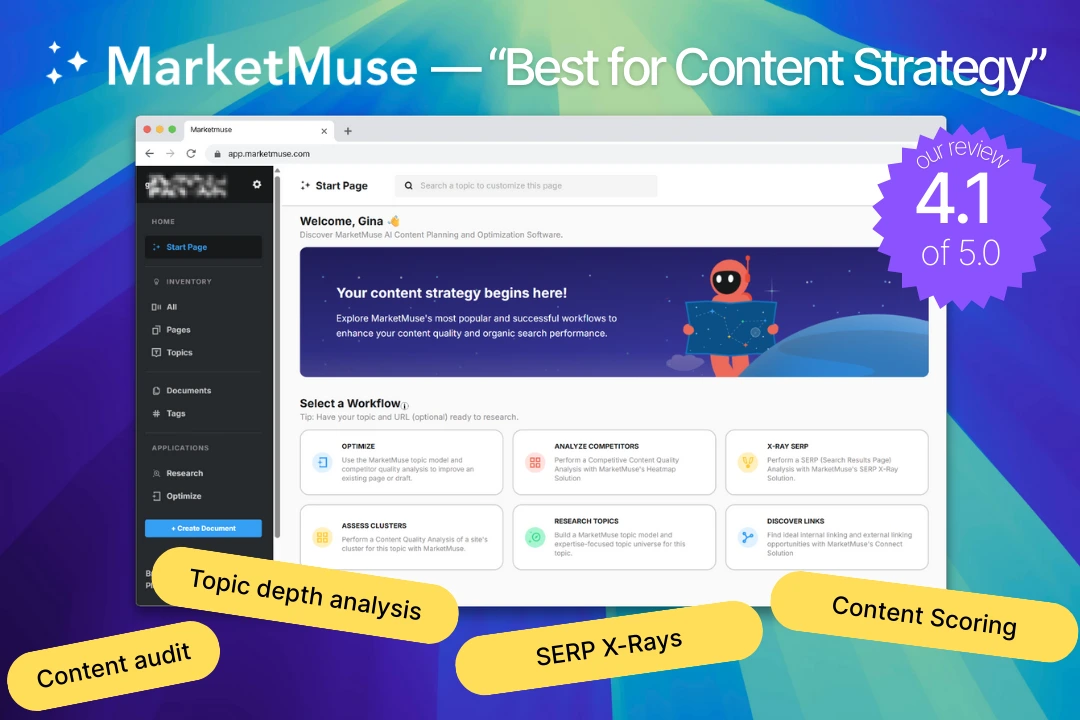 MarketMuse AI – best for content strategy. Rated 4.1 out of 5, with features such as AI content audit, topic depth analysis, SERP X-rays and content scoring.