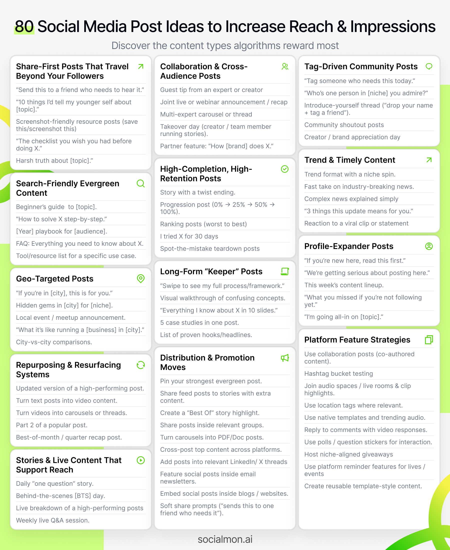 Infographic of 80 social media post ideas to increase reach and impressions, outlining share-first posts, search-friendly evergreen content, collaborations and cross-audience posts, tag-driven community content, geo-targeted posts, long-form keepers, distribution and promotion moves, stories and live content, trend and timely posts, profile-expanders, and platform feature strategies to please social media algorithms.