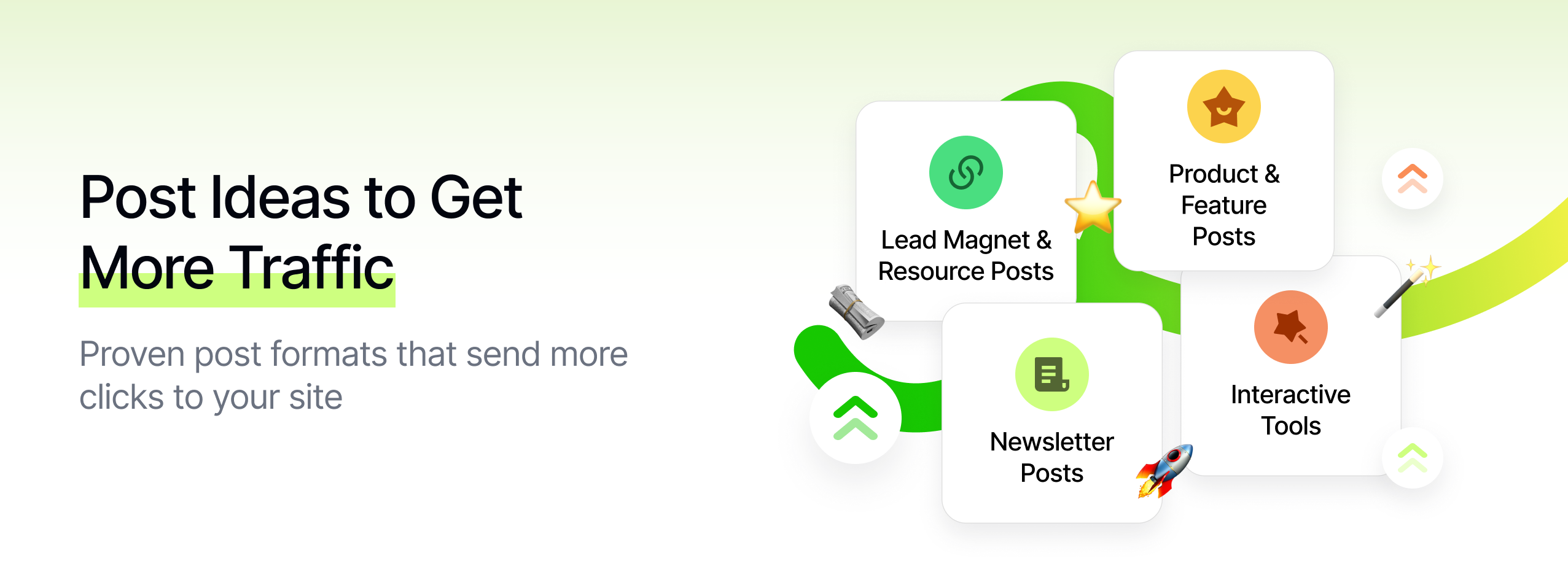 Hero banner about social media post ideas to get more website traffic, highlighting lead magnet and resource posts, product and feature posts, newsletter posts and interactive tools as formats that send more clicks to your site.