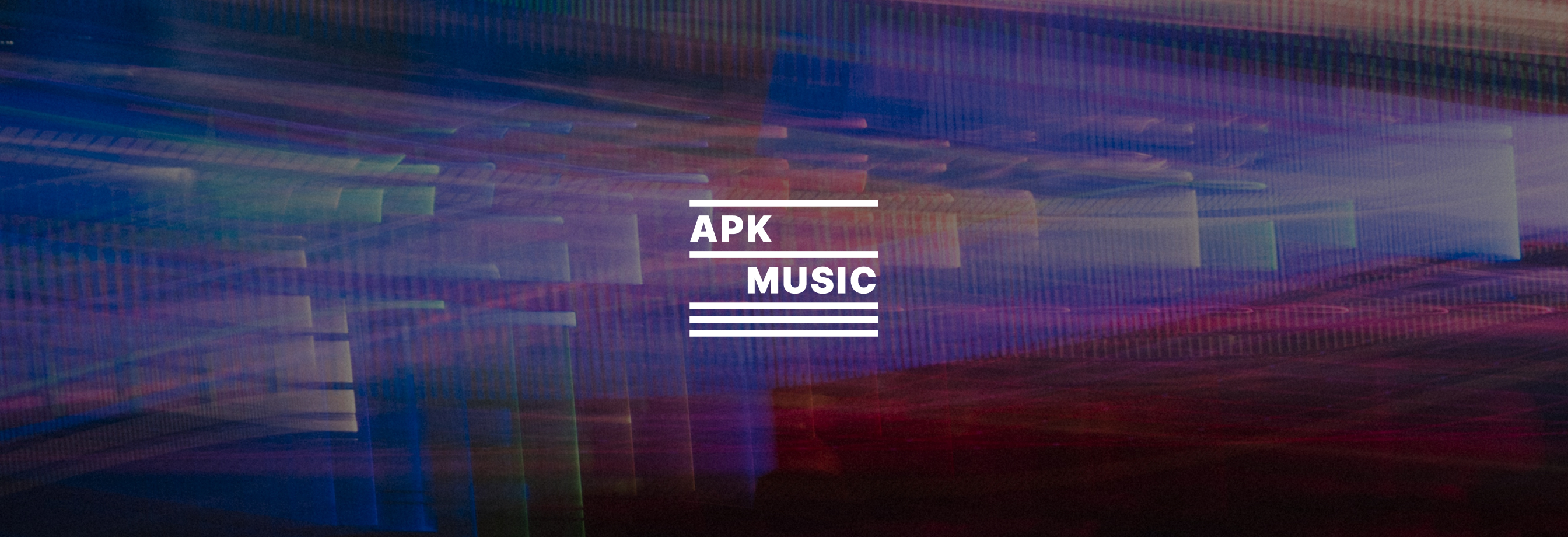APK Music Logo on a background full of blue and red abstract lights