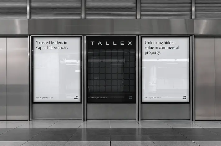 Three sleek office panels with TALLEX branding and texts about capital allowances and commercial property value.