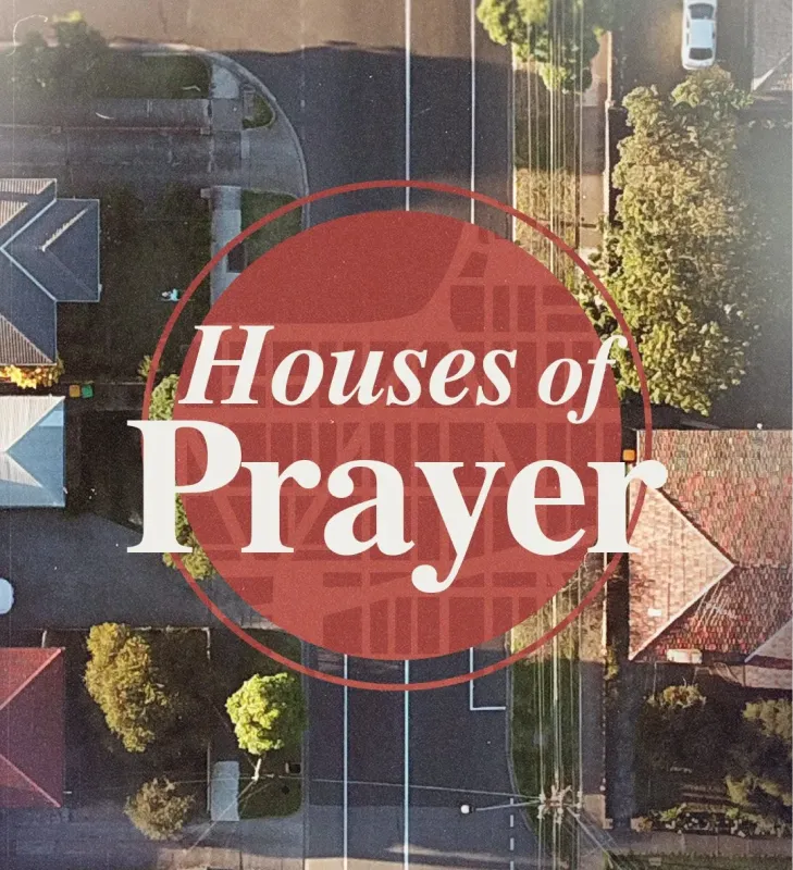 Aerial view of religious buildings with "Houses of Prayer" text overlay