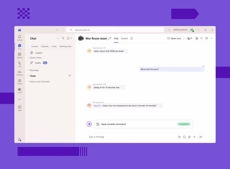 Chat window of War Room team discussing ATM issues and transaction delays with completed console command.
