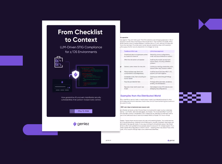 This whitepaper explains how GenAI uncovers mainframe security vulnerabilities that current tools couldn't and how Geniez can help leverage the latest LLMs to protect your mainframe environment.