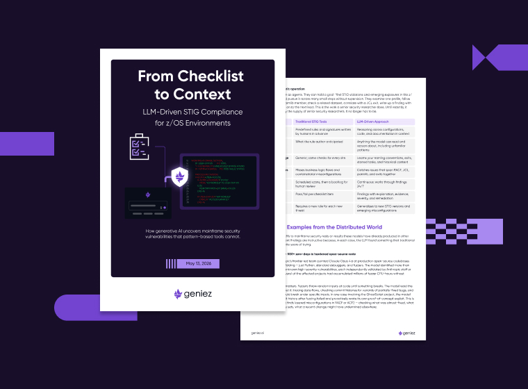 This whitepaper explains how GenAI uncovers mainframe security vulnerabilities that current tools couldn't and how Geniez can help leverage the latest LLMs to protect your mainframe environment.