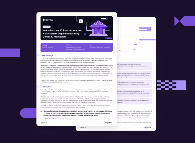 Case study on Fortune 50 bank automating multi-system deployments using Geniez AI Framework on dark background.