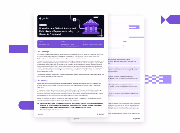 Case study on automating multi-system deployments at a Fortune 50 bank using Geniez AI Framework