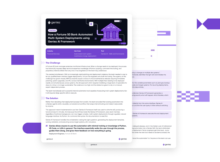 Case study on automating multi-system deployments at a Fortune 50 bank using Geniez AI Framework
