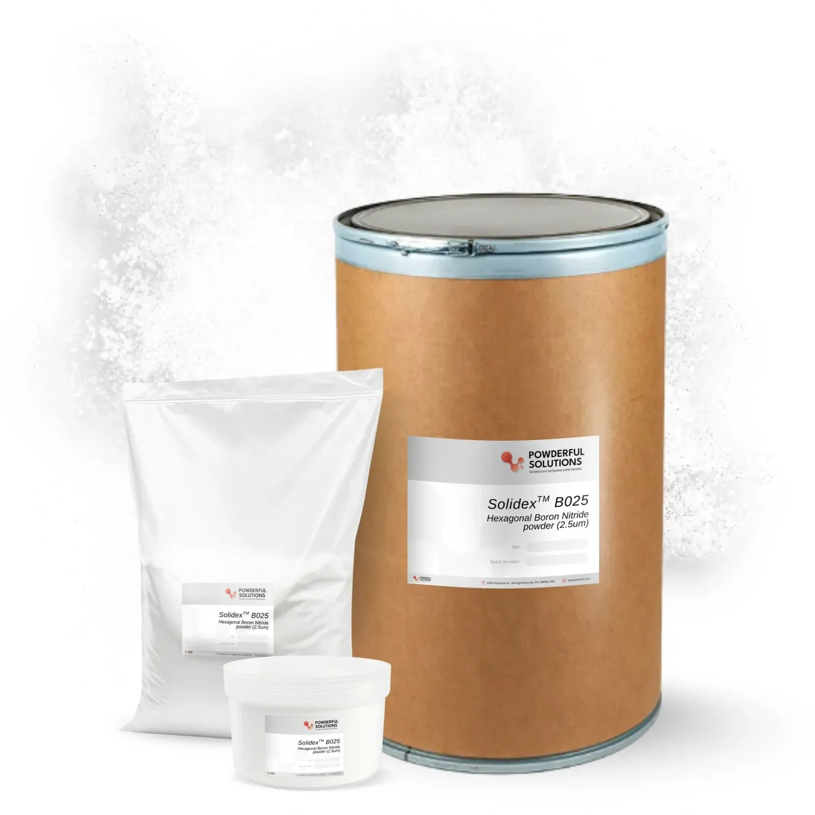 Solidex B025 2.5 micron hexagonal boron nitride powder packaging