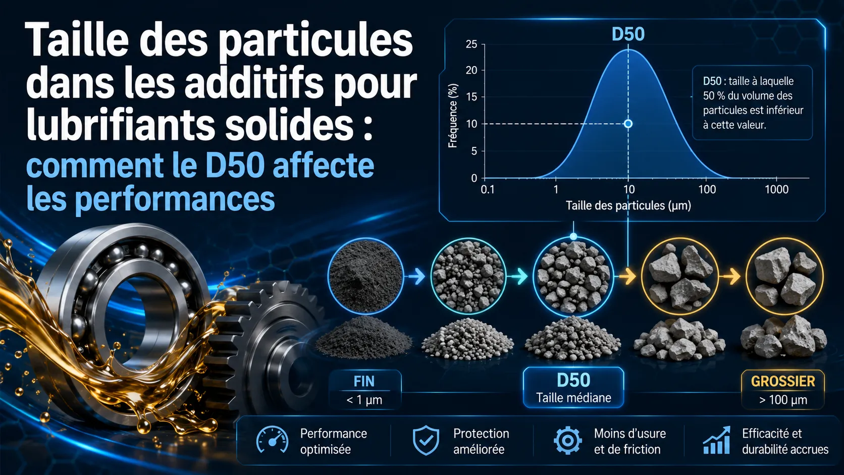 Taille des particules dans les additifs pour lubrifiants solides : comment le D50 affecte les performances