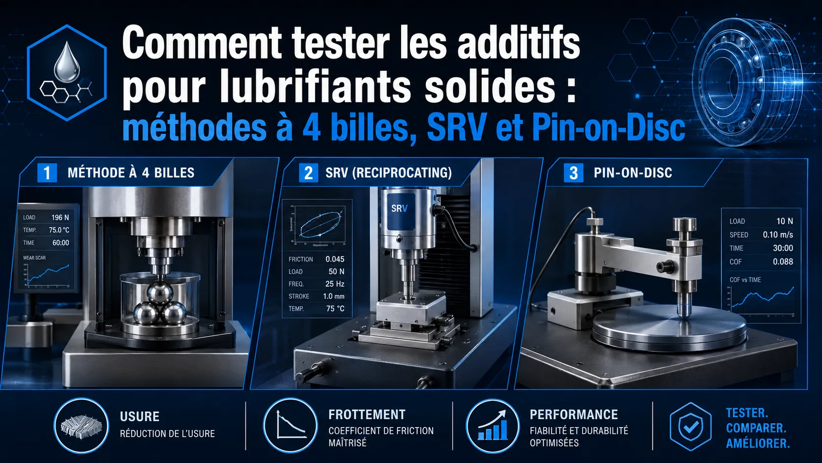 Comment tester les additifs pour lubrifiants solides : méthodes à 4 billes, SRV et Pin-on-Disc