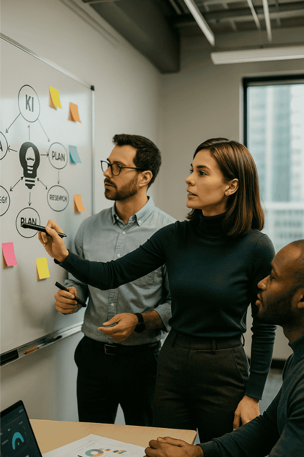 Projekt umsetzen KI und Digitalsierung. Menschen zusammen im Workshop und Projekt zu finalisieren