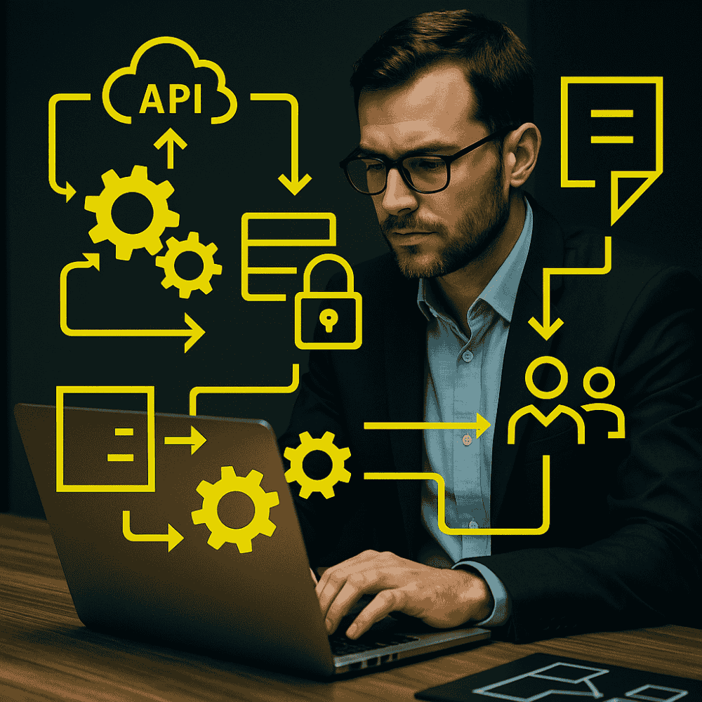 Ein Mitarbeiter am Laptop, der gerade ein Webhook auslöst und damit die KI Automatisierung startet