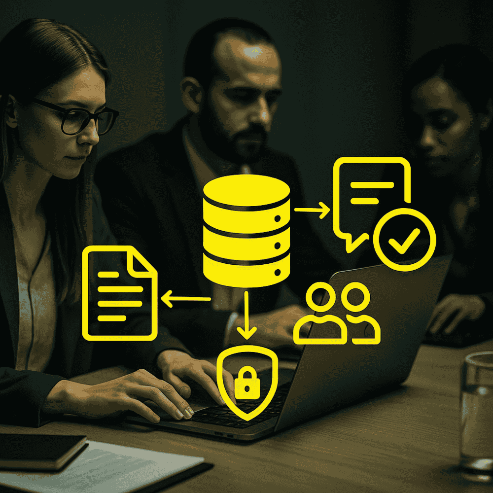 Bild mit 3 Personen datenbank wissensmanagement team