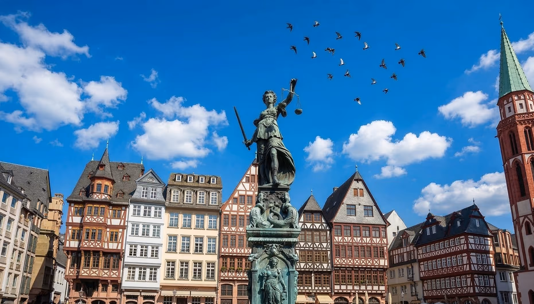 Statue of Lady Justice in front of traditional half-timbered buildings under a blue sky with flying birds in Frankfurt.
