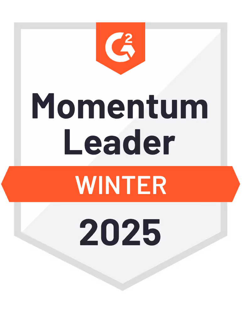 G2 Momentum Leader Winter 2025 badge with an orange ribbon across the middle.