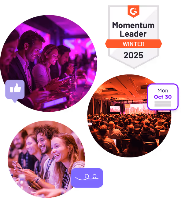 Collage with three images of diverse people enjoying a conference and a G2 Momentum Leader Winter 2025 badge.