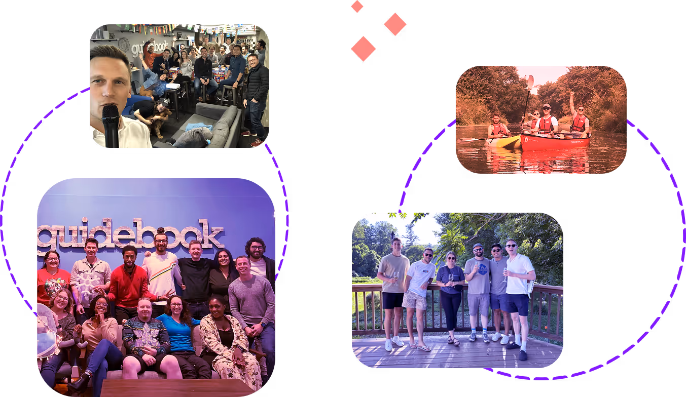 Collage of four photos showing groups of people: top left, a man with a microphone and a crowd in a room; bottom left, a group seated and standing in front of a Guidebook sign; top right, three people in life vests paddling a red canoe; bottom right, seven people standing on a wooden deck outdoors.