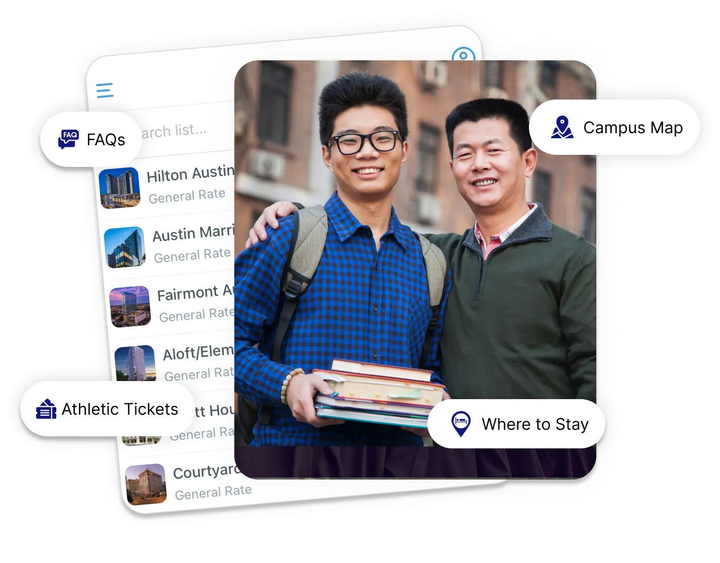 Smiling young man with glasses and backpack holding textbooks stands next to older man with arm around his shoulder outdoors.